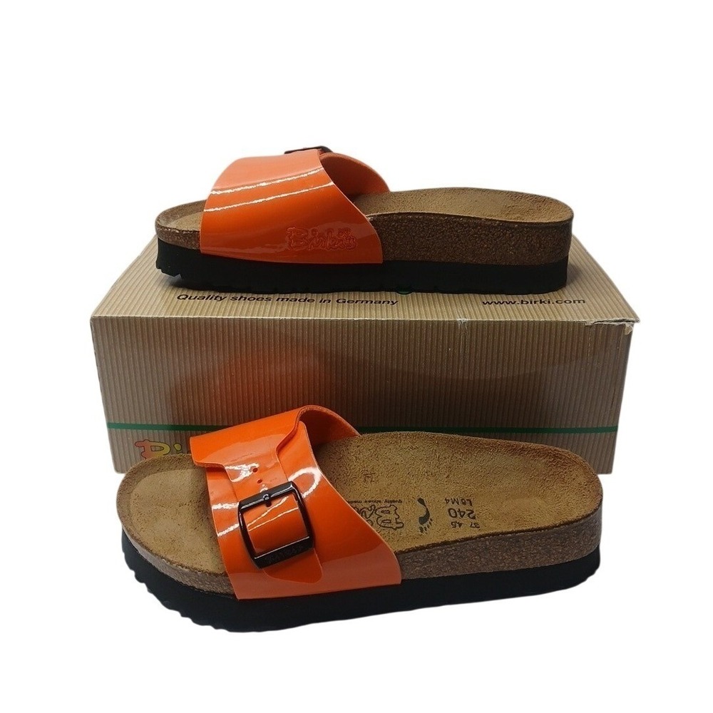 Birki's Slide Sandals Women 37 Orange Patent Buckle Cork sole